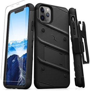 zizo bolt series iphone 11 pro case - heavy-duty military-grade drop protection w/kickstand included belt clip holster tempered glass lanyard - black