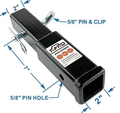 TOPTOW Hitch Extender, Fits for 2 inch Receiver, 7 inch Extension Length, with 5/8 inch Hitch Pin