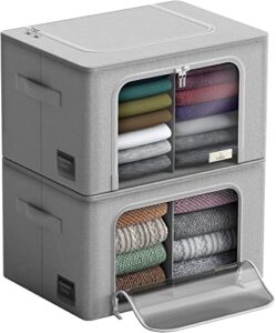 storage bins with divided interior - stackable & foldable clothes organizer bags, fabric storage container organizers with metal oxford frame large window & carry handles, organization for bedroom, closet, bedding, linens, clothes, books & toys - by sorbu