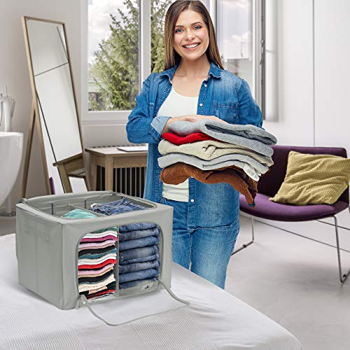 Storage Bins with Divided Interior - Stackable & Foldable Clothes Organizer Bags, Fabric Storage Container Organizers with Metal Oxford Frame Large Window & Carry Handles, Organization for Bedroom, Closet, Bedding, Linens, Clothes, Books & Toys - By Sorbu