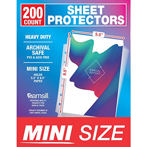 Samsill Mini Sheet Protectors 200 Pack, 5.5 x 8.5 Inch Page Protectors for Mini 3 Ring Binder, Heavy Duty, Clear Protector Sheets, 7 Hole, Top Loading, Acid Free