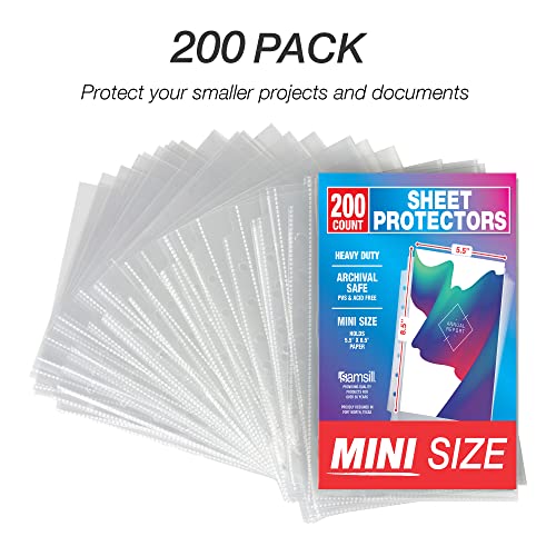 Samsill Mini Sheet Protectors 200 Pack, 5.5 x 8.5 Inch Page Protectors for Mini 3 Ring Binder, Heavy Duty, Clear Protector Sheets, 7 Hole, Top Loading, Acid Free