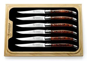 laguiole california steak knives - 6 piece rosewood set - ergonomic handles - stored in a california oakwood gift box - extremely sharp straight steel blades are thick gauge, full tang