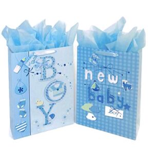 golden j store 16.5" extra large baby gift bags with tissue papers for baby showers 2-pack (blue)