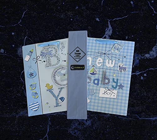 Golden J Store 16.5" Extra Large Baby Gift Bags with Tissue Papers for Baby Showers 2-Pack (Blue)