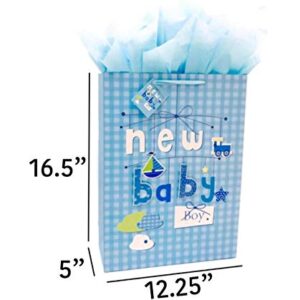 Golden J Store 16.5" Extra Large Baby Gift Bags with Tissue Papers for Baby Showers 2-Pack (Blue)