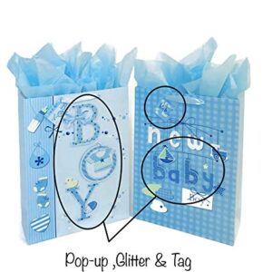 Golden J Store 16.5" Extra Large Baby Gift Bags with Tissue Papers for Baby Showers 2-Pack (Blue)