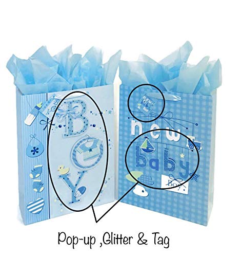 Golden J Store 16.5" Extra Large Baby Gift Bags with Tissue Papers for Baby Showers 2-Pack (Blue)