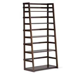 simplihome acadian solid wood 63 inch x 30 inch ladder shelf bookcase in brunette brown with 5 shelves, for the living room, study and office