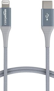 amazon basics usb-c to lightning charger cable, nylon braided cord, mfi certified charger for apple iphone 14 13 12 11 x xs pro, pro max, plus, ipad, 10,000 bend lifespan, 6 foot, dark gray