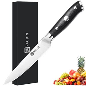 paudin chef knife, 5 inch professional kitchen utility knife forged of german stainless steel, ultra sharp kitchen knife with triple rivet g10 handle