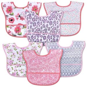 6 pack adjustable waterproof baby bibs with food catcher pocket - pocket bibs with snaps for babies, toddlers, infants