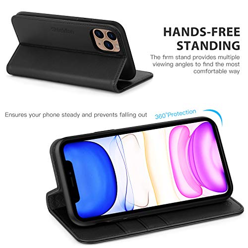 SHIELDON iPhone 11 Pro Max Case, Genuine Leather Auto Sleep Wake Wallet Case Flip Magnetic Cover RFID Blocking Card Slots Kickstand Shockproof Case Compatible with iPhone 11 Pro Max (6.5-inch) - Black