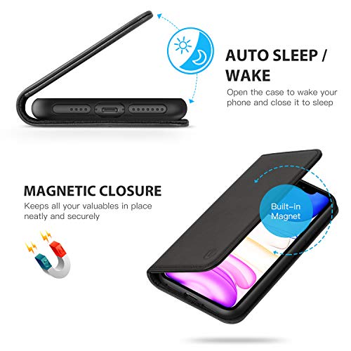 SHIELDON iPhone 11 Pro Max Case, Genuine Leather Auto Sleep Wake Wallet Case Flip Magnetic Cover RFID Blocking Card Slots Kickstand Shockproof Case Compatible with iPhone 11 Pro Max (6.5-inch) - Black