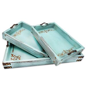 coffee table tray serving tray with handles – 3-piece vintage-style aqua blue decorative tray set – ottoman tray for living room, breakfast tray & bed tray decor – fir wood tray set by modern 5th