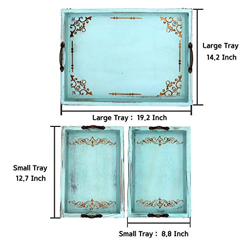 Coffee Table Tray Serving Tray with Handles – 3-Piece Vintage-Style Aqua Blue Decorative Tray Set – Ottoman Tray for Living Room, Breakfast Tray & Bed Tray Decor – Fir Wood Tray Set by Modern 5th