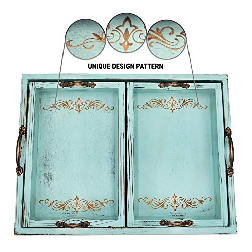 Coffee Table Tray Serving Tray with Handles – 3-Piece Vintage-Style Aqua Blue Decorative Tray Set – Ottoman Tray for Living Room, Breakfast Tray & Bed Tray Decor – Fir Wood Tray Set by Modern 5th