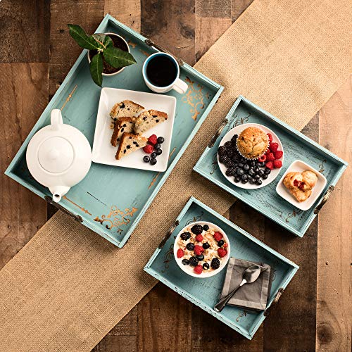 Coffee Table Tray Serving Tray with Handles – 3-Piece Vintage-Style Aqua Blue Decorative Tray Set – Ottoman Tray for Living Room, Breakfast Tray & Bed Tray Decor – Fir Wood Tray Set by Modern 5th