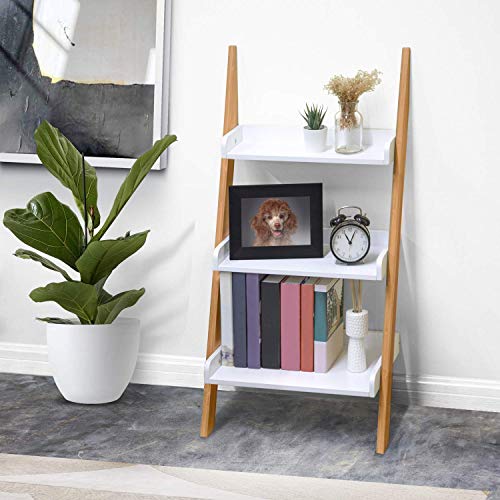 House of Living Art Ladder Shelf with 3-Tiers of Storage, White and Bamboo