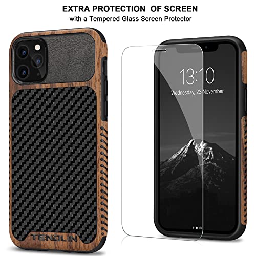 TENDLIN Compatible with iPhone 11 Pro Max Case Wood Grain with Carbon Fiber Texture Design Leather Hybrid Case