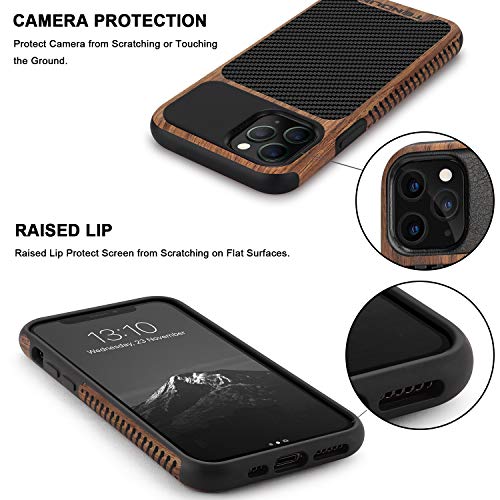 TENDLIN Compatible with iPhone 11 Pro Max Case Wood Grain with Carbon Fiber Texture Design Leather Hybrid Case