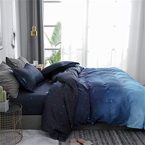 HYPREST Duvet Cover Queen Size, 3 Pcs Star Moon Galaxy Patterned Duvet Cover Set Kawaii Cute Bedding Sets Queen Soft Breathable