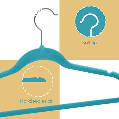 Velvet Clothes Hangers (Pack of 10), Turquoise, by Home Basics | Felt Hangers for Tops, Jackets, Dresses, and Pants | Contoured Hangers with Notches | Ultra-Thin Space Saving Clothes Hangers