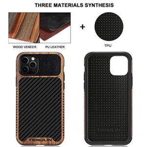 TENDLIN Compatible with iPhone 11 Pro Case Wood Grain with Carbon Fiber Texture Design Leather Hybrid Case