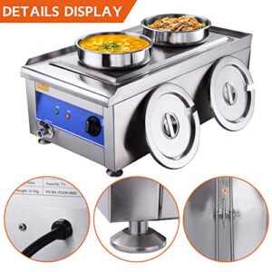 1200W Commercial Food Warmer with Dual 7L Pots Stainless Steel Countertop Steam Table Soup Restaurant Buffet，Easy Cleaning and Simple Maintenance