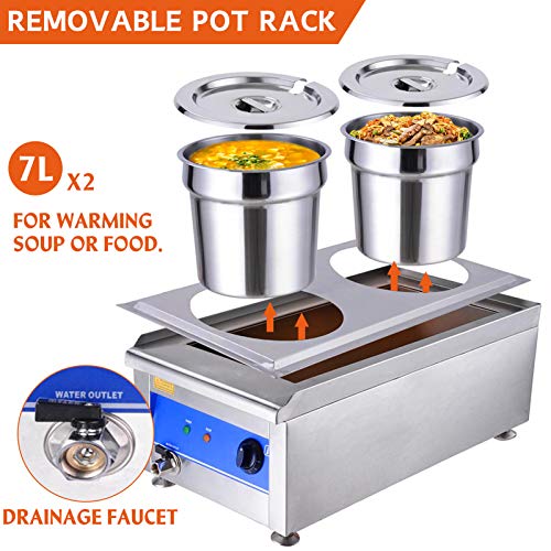 1200W Commercial Food Warmer with Dual 7L Pots Stainless Steel Countertop Steam Table Soup Restaurant Buffet，Easy Cleaning and Simple Maintenance