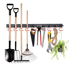 mohoo 64 inch adjustable tool hanger wall holder for garden tools, wall mount tool organizer, garage tool rack, heavy duty shovel hanger with 4 rails 16 hooks