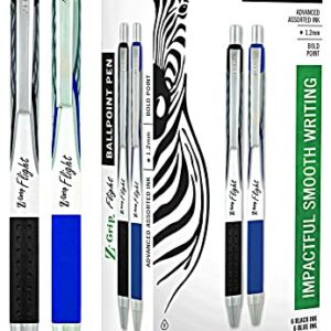 Zebra Pen Z-Grip Flight, Large Bulk Combo Pack of 6 BLACK INK & 6 BLUE INK Retractable Ballpoint Pen (Total of 12 Pens), Bold Point 1.2mm, ink pens