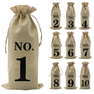 shintop 10pcs jute wine bags, 14 x 6 1/4 inches hessian numbered wine bottle gift bags with drawstring for blind wine tasting (brown)