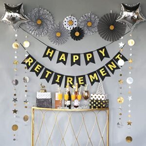 retirement party decorations supplies, black and gold happy retirement banner, folding paper fans, sparkling star garlands, star shape foil balloons