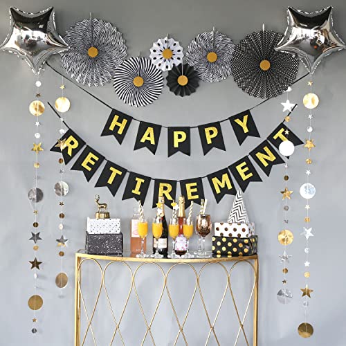 Retirement Party Decorations Supplies, Black and Gold Happy Retirement Banner, Folding Paper Fans, Sparkling Star Garlands, Star Shape Foil Balloons