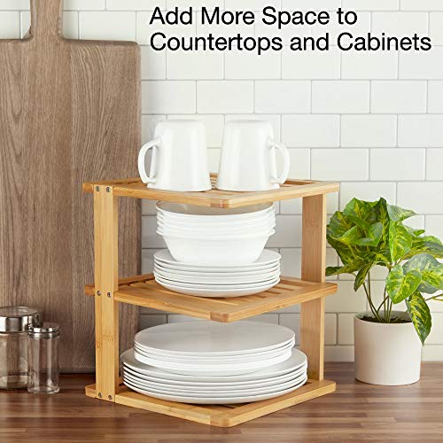 BERYLAND Bamboo Corner Shelf - 3 Tier 10 x 10 inch and 11.5 inches high. Kitchen Cabinet Organizer - Pantry Organization and Storage - Bathroom Countertop Shelves