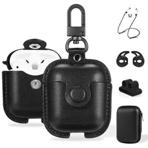 maxjoy compatible airpods case, leather airpods cover 5 in 1 protective case with keychain/ear hooks/airpods strap/watch band holder/earpods case compatible with apple airpods 2 1 charging case, black