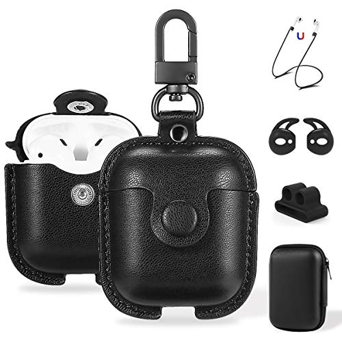 Maxjoy Compatible Airpods Case, Leather Airpods Cover 5 in 1 Protective Case with Keychain/Ear Hooks/Airpods Strap/Watch Band Holder/Earpods Case Compatible with Apple Airpods 2 1 Charging Case, Black