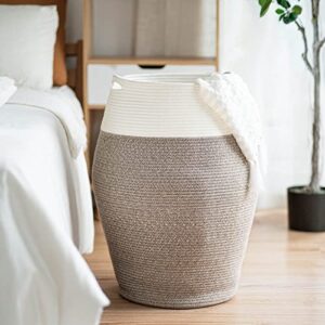 Goodpick Tall Laundry Hamper | Woven Jute Rope Dirty Clothes Hamper Modern Hamper Basket Large in Laundry Room, (White & Brown, 25.6 x 17.71 Inch)