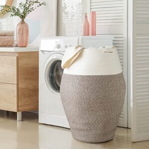 Goodpick Tall Laundry Hamper | Woven Jute Rope Dirty Clothes Hamper Modern Hamper Basket Large in Laundry Room, (White & Brown, 25.6 x 17.71 Inch)