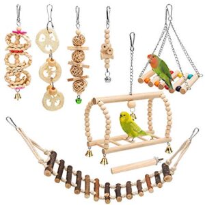 dzhjkio 8 packs bird parrot swing hanging toy,natural wood bell bird cage toys for parrots, parakeets, cockatiels, conures, finches,budgie,parrots, love birds, australian parrot, small birds