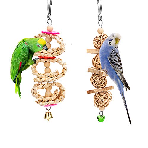 DZHJKIO 8 Packs Bird Parrot Swing Hanging Toy,Natural Wood Bell Bird Cage Toys for Parrots, Parakeets, Cockatiels, Conures, Finches,Budgie,Parrots, Love Birds, Australian Parrot, Small Birds