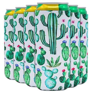 6 pack slim can coolers skinny can sleeve 12oz insulator can cooler soft neoprene skinny beer coolies cover thick tall beverage holder bag for energy drink & beer cans, cactus