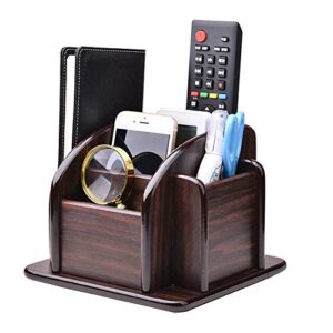 ycoco wooden remote control holder,tv remote holder for table,360°rotatable office supplies storage organizer,6 compartments pencil holder for desk,brown