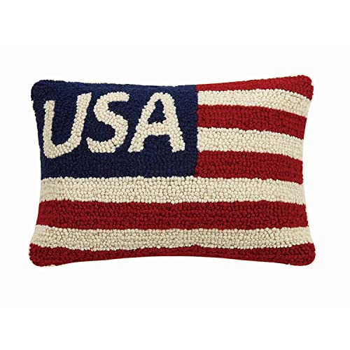 Peking Handicraft USA Flag Red White Blue Patriotic Mini Hooked Wool Pillow - 8" x 12"