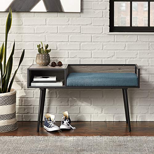 Walker Edison Hawkins Mid Century Modern Metal and Wood Storage Bench with Plush Cushion, 40 Inch, Blue