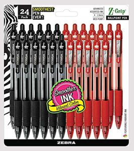 zebra pens, bulk pack of 24 ink pens, z-grip retractable ballpoint pens medium point 1.0 mm, 12 black pens & 12 red pens combo pack
