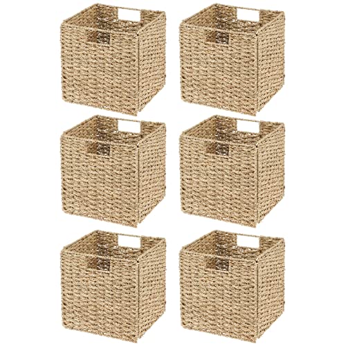 mDesign Seagrass Woven Cube Bin Basket Organizer with Handles - Storage for Bedroom, Home Office, Living Room, Bathroom, Shelf/Cubby Organization, Hold Blankets, Magazines, Books - 6 Pack, Natural/Tan