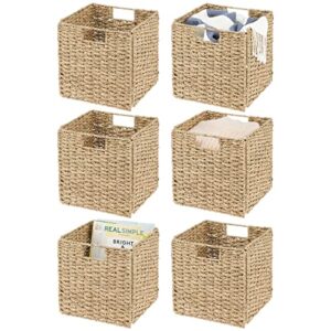 mdesign seagrass woven cube bin basket organizer with handles - storage for bedroom, home office, living room, bathroom, shelf/cubby organization, hold blankets, magazines, books - 6 pack, natural/tan