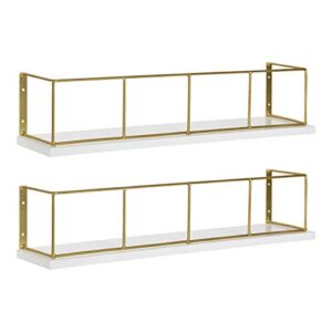 kate and laurel benbrook 18-inch 2-pack wood and metal floating wall shelves, white and gold